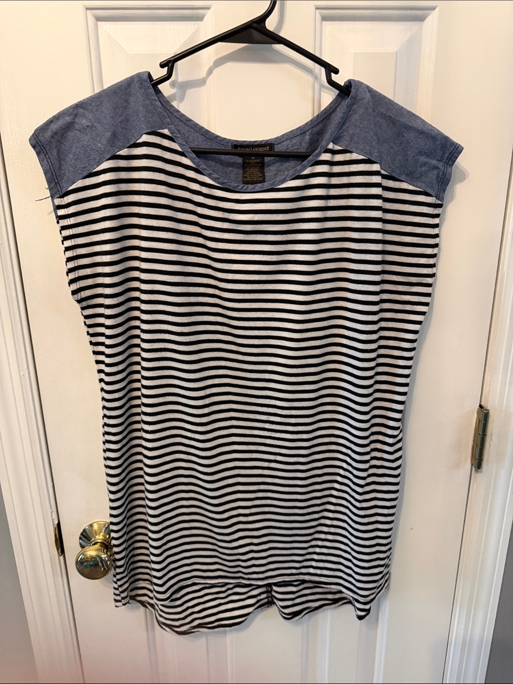 Susan Lawrence Black & White Striped Tee with Chambray Shoulders